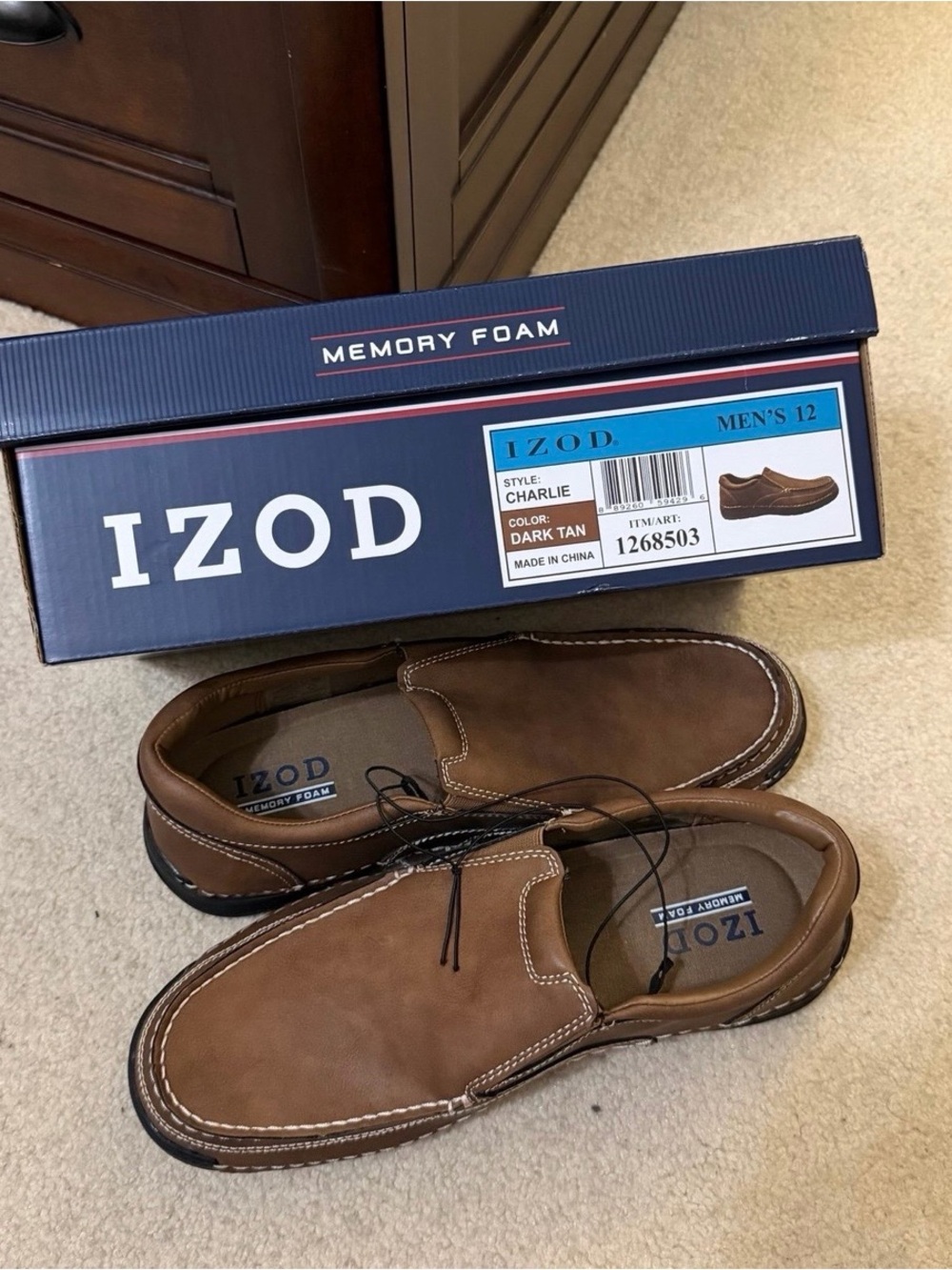 IZOD Men's Charlie Memory Foam Slip On Loafers Shoes - Dark Tan - Size 12 (NIB)